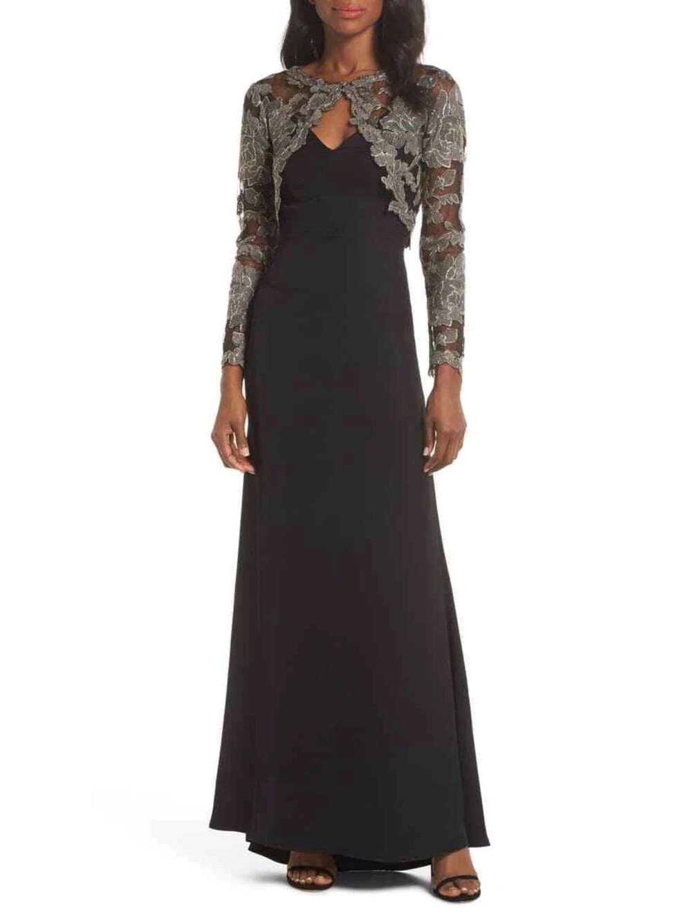 Tadashi Shoji Black & Smoke Crepe & Embroidered Lace Mother-of-the-Groom Gown 14